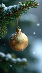 Delicate golden ornament hanging from the branch, evergreen foliage, wintery scene
