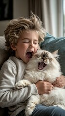 Obraz premium Boy and cat yawning together. AI.