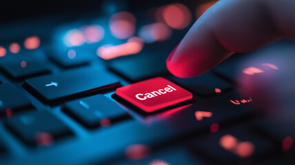 Obraz premium A business professional's hand pressing a red Cancel key on a minimalist black keyboard, with subtle bokeh lights in the background (1)