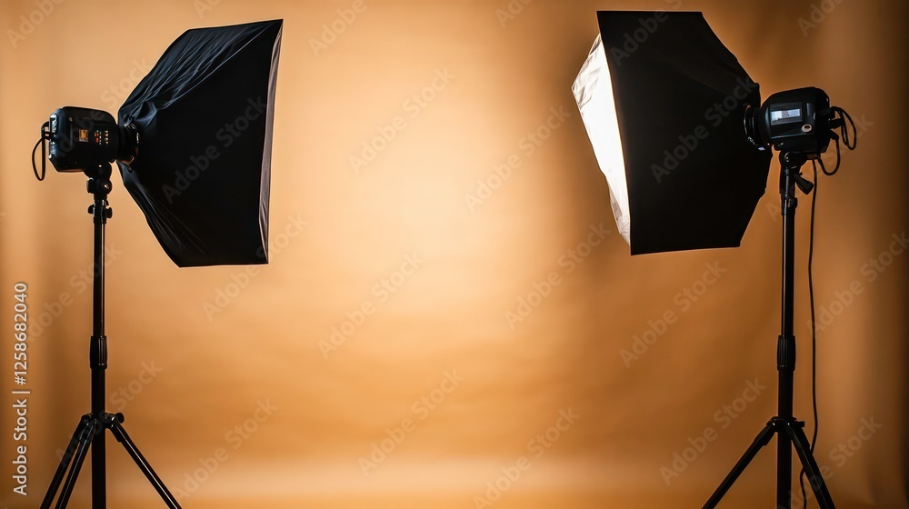 Poster a photo studio with two lights and softboxes set up against a tan backdrop.