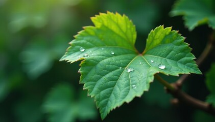 Delicate grape leaf with water droplets on its surface, moisture, foliage, reflection