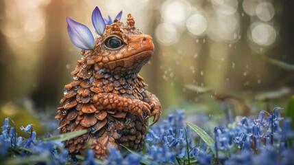 Fototapeta premium A cute woodland creature among blue flowers. AI.