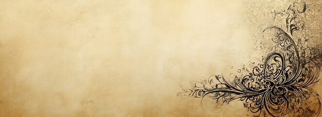 A beige background with an intricate pattern of Arabic calligraphy