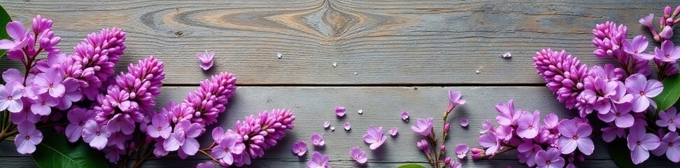 Delicate lilac blooms scattered across a weathered wooden plank, wood, nature, floral