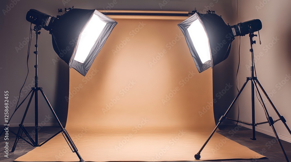 Poster a photo studio with two lights and softboxes set up against a tan backdrop.