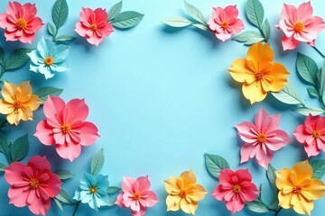 Vibrant paper flowers, light blue backdrop, central space , artisan, pastel