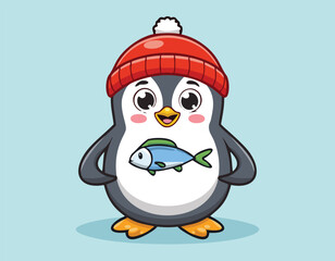 A penguin animal with a small cute fish vector.