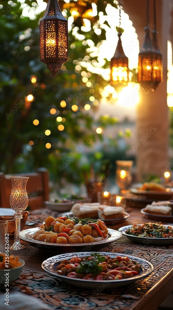 Aufkleber A festive table is adorned with an array of delicious dishes for Eid al-Fitr. Ambient lighting and a sunset backdrop create a warm and inviting atmosphere for family gathering during Ramadan