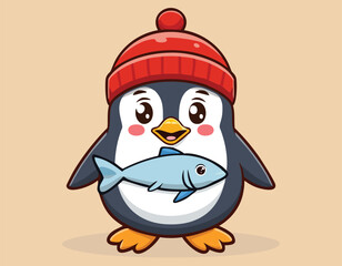 A penguin animal with a small cute fish vector.