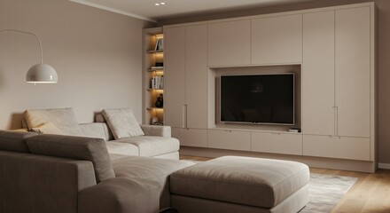 A cozy modern living room with a neutral-toned sectional sofa, built-in TV unit, soft lighting, and wooden flooring. The minimalist design creates a warm and inviting ambiance.