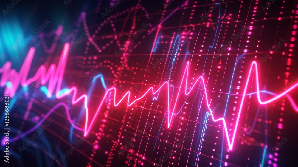Poster a futuristic visualization of neon soundwaves and digital data streams glowing in pink and blue tone