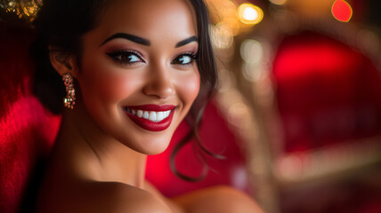 Fototapeta premium A close-up portrait of a cabaret hostess with glamorous makeup and an inviting smile, set against a chic lounge backdrop with plush seating and sparkling decorations (1)