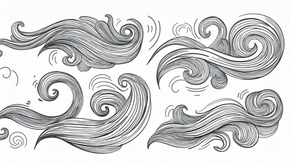 Doodle wind line sketch set. Hand drawn doodle wind motion, air blow, swirl elements. Sketch drawn air blow motion, smoke flow art, abstract line. Isolated perfect any project.
