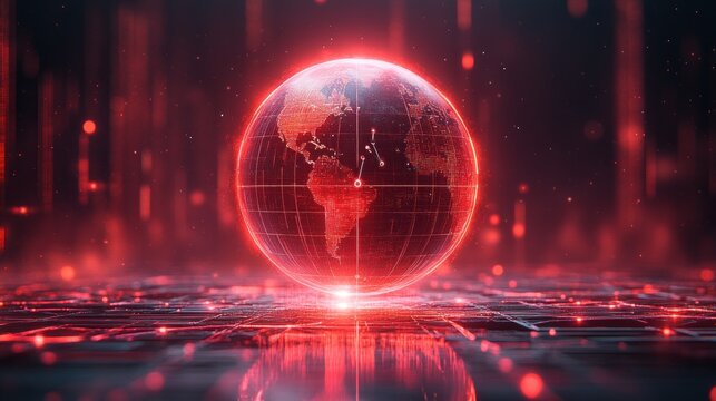 Red-lit globe on digital grid, global alert - Powered by Adobe