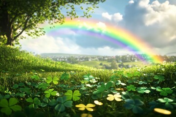 Vibrant rainbow over lush clover field on a sunny day © Ilia