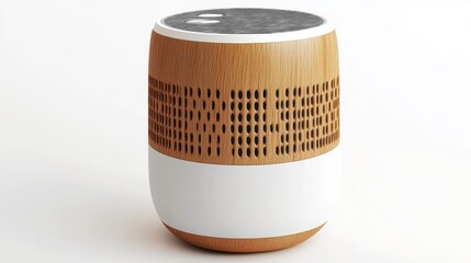A smart speaker with a wooden and white design, isolated on a white background.