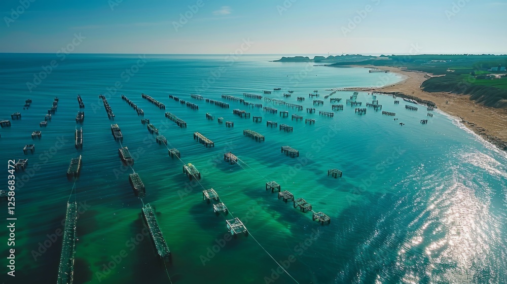 Aufkleber numerous fishing platforms are scattered across the calm sea, reflecting the sunlight while waves ge