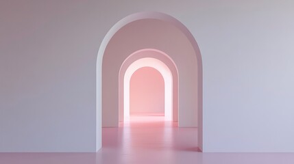 A white room with three arches creating a doorway to another pink room.