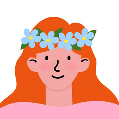 Spring Portrait: redhead girl with blue flower wreath. Flat illustration style. Ideal for spring-themed cards, social media, and seasonal graphic design.