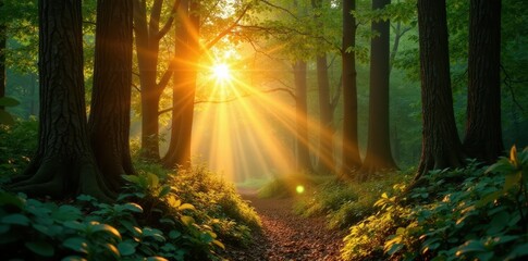 Golden sunlight streams through dense canopy, illuminating forest floor, light, beams