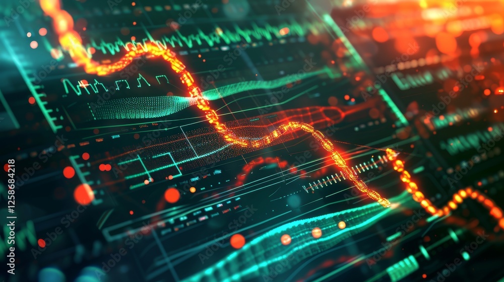 Poster a high-tech abstract visualization of financial data and digital graphs, glowing in orange and green