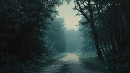 Misty forest path, morning light, tranquil scene, nature wallpaper