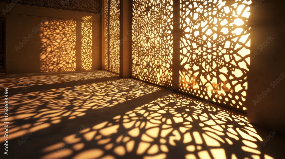 Poster Sunlight filters through intricately designed arabesque screens, casting enchanting shadows on the floor, creating a stunning interplay of light and geometry in a serene setting