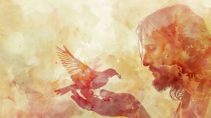 Jesus Christ gently holding and feeding a small bird symbolizing compassion, peace, and divine care in a Renaissance-inspired watercolor scene  
