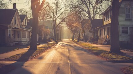 Fototapeta premium A peaceful suburban neighborhood with tree-lined streets and charming houses, illuminated by warm, golden sunlight. The scene captures a nostalgic, serene atmosphere. AI generated.