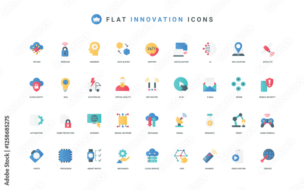 Poster tech innovation and new technology of future, digital brain of ai color icon set. virtual reality gl