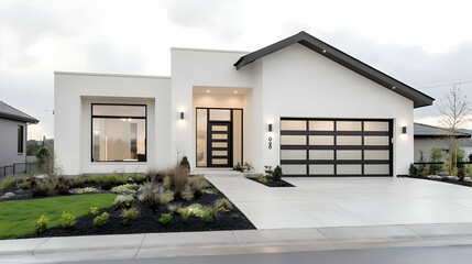 Modern white house, suburban street, landscaping, evening light, real estate