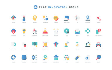Tech innovation and new technology of future, digital brain of AI color icon set. Virtual reality glasses, satellite and robot, process automation and cloud services flat elements vector illustration