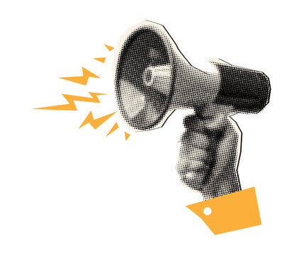  Loudspeaker in hand retro halftone style,collage design element in trendy magazine style