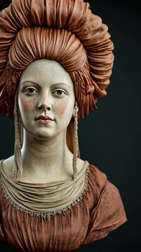 Intricate portrait of a Renaissance woman with elaborate headdress in warm tones and lifelike details