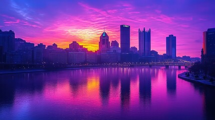 Fototapeta premium Vibrant Pittsburgh Skyline Sunset Cityscape Reflection
