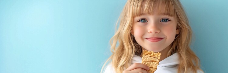 Obraz premium a happy young blond girl with bangs eating snack bar for a food commertial isolated on pale blue background