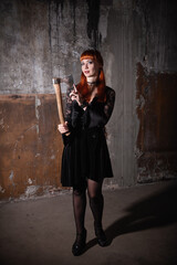 Red-haired Mysterious woman in dark dress holds axe, adding a gothic Halloween vibe