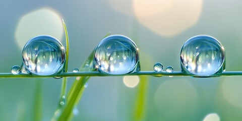 Three Dewdrops on Grass Blade Reflecting Sunlight Nature Macro