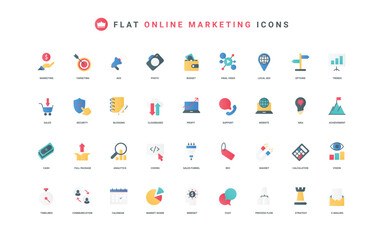 Digital marketing strategy, enablement and lead generation, photo and video content color icon set. Sales funnel and magnet for audience, vision of trends and profit flat elements vector illustration