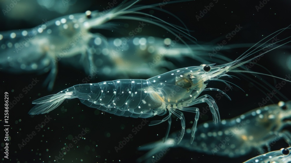 Poster translucent shrimp can be seen swimming in a calm underwater setting, showcasing their delicate feat
