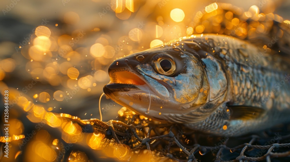 Poster a fish rests within a fishing net as sunlight sparkles on its scales, reflecting various hues amidst