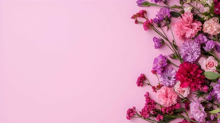 Fototapeta premium Pink and Purple Flower Border on a Pastel Pink Background