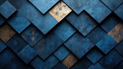 Simple Blue triangles and squares on a dark background. Geometric design for banner template with white space in the center for text. Minimalist wallpaper with copy space.