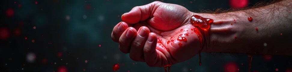 Hand clenched as artery, grease dripping onto it , embolism, oil, grease