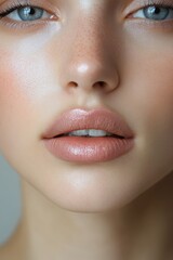 Naklejka premium Close up of beautiful woman showing perfect skin and pink lips