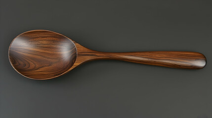 Dark wooden spoon on gray background, for cooking or serving.  Use food blogs, recipe websites, kitchenware catalogs