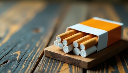 Open pack of cigarettes rests on wooden breadboard, texture, object, light