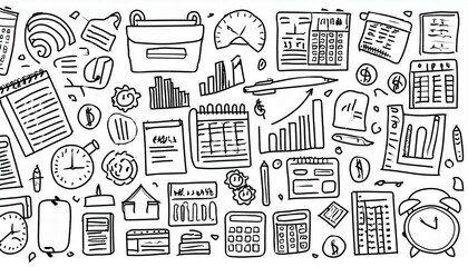 Doodle business icon set. Doodle business, finance, office teamwork concept. Calendar, calculator, chart element. Hand drawn sketch style perfect any project.