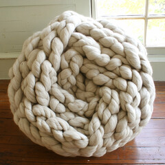 Chunky knit throw blanket on wooden floor, near window. Cozy home decor, perfect for winter