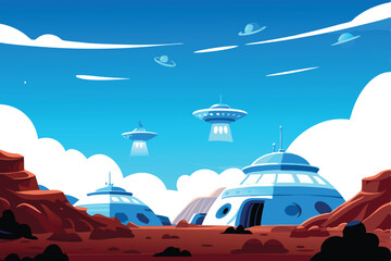 A futuristic, high-tech space station gleaming on the Martian surface, surrounded by dramatic red rock formations and a dusty landscape. © ndomble